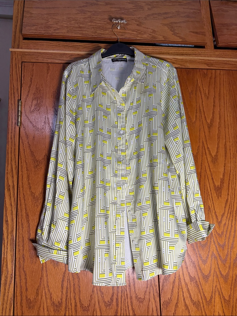 Karl Lagerfeld White Geometric Print Button-Down Shirt with Yellow Accents